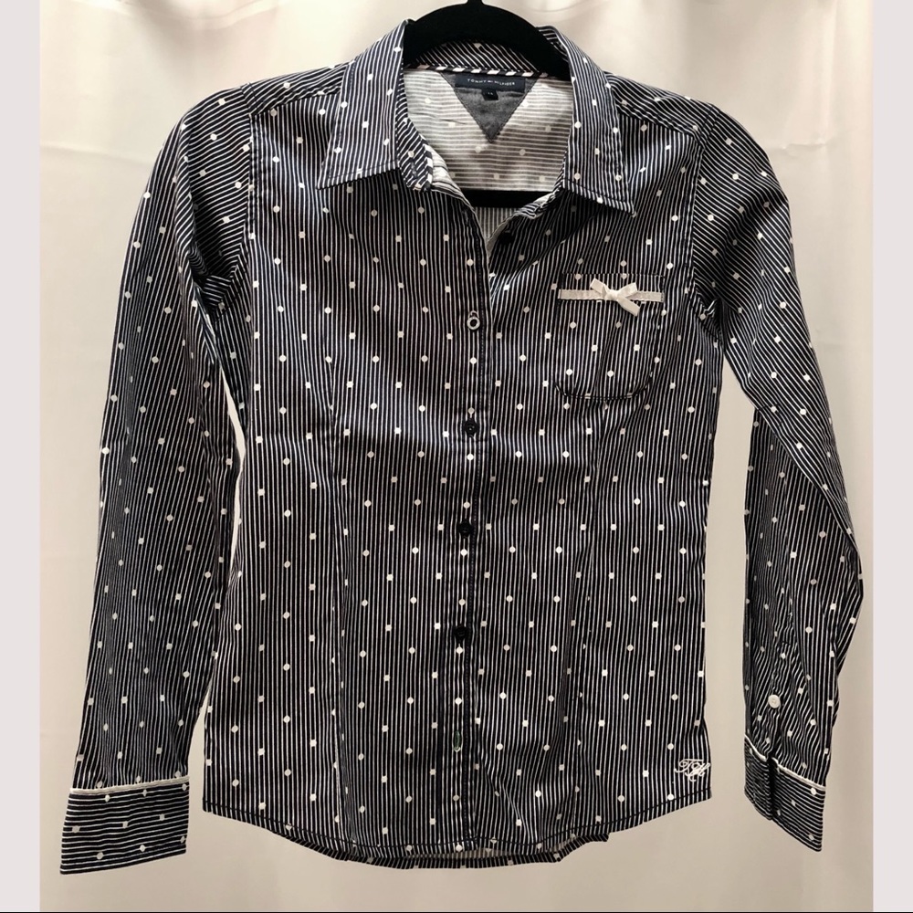 Tommy Hilfiger Kids Black White Polka Dot Striped Shirt with Bow (Ages 14)
